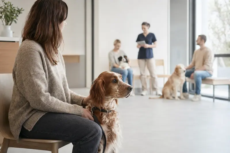 Ein Irisch rot-weisser Setter sitzt ruhig neben seinem Besitzer im hellen Wartezimmer einer modernen Tierarztpraxis.